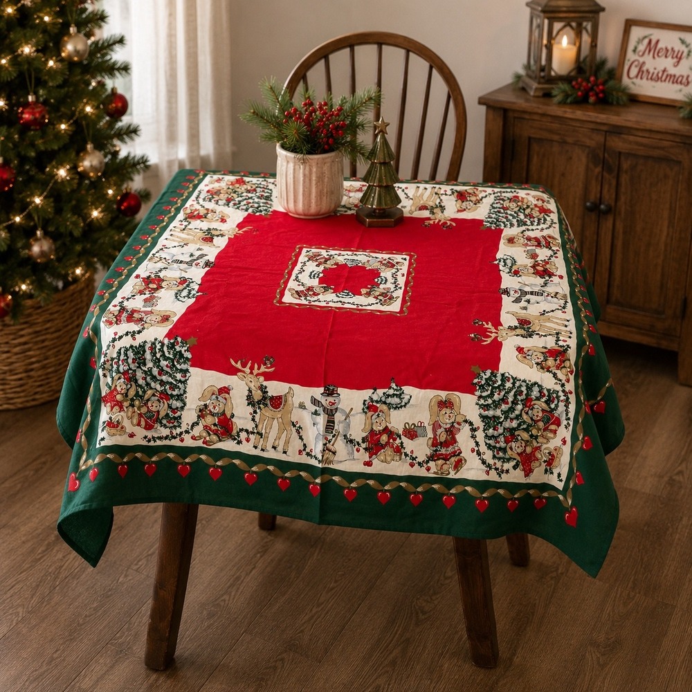 Vintage Sunweave Christmas Tablecloth Cotton Holiday Bunnies Reindeer 53x53 Red